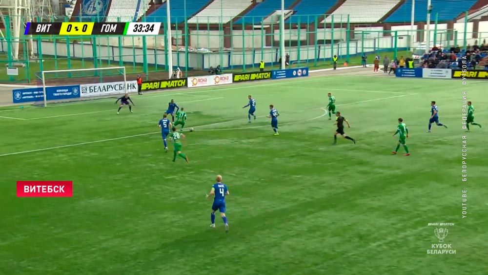 Единственный мяч забит на 65-й минуте. «Витебск» дома минимально обыграл «Гомель» в полуфинале КБ по футболу-1