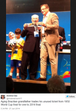 85-летний бразилец, пропустивший финал ЧМ-1950, обменял билет на финал ЧМ-2014 