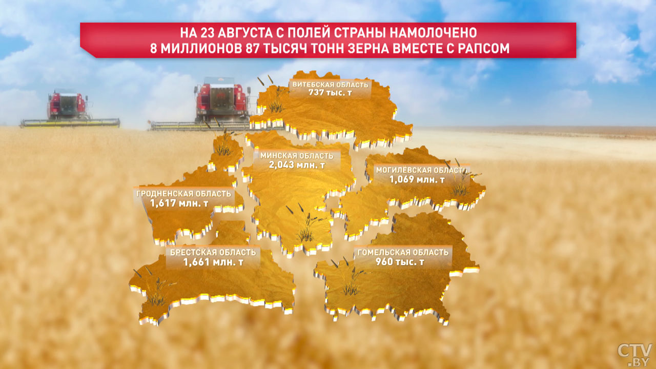 Белорусские аграрии намолотили свыше 8 миллионов тонн зерна с учётом рапса-2