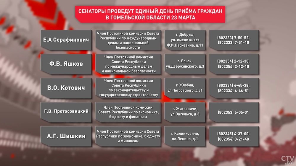 Члены Совета Республики проведут единый день приёма граждан в Гомельской области 23 марта-6