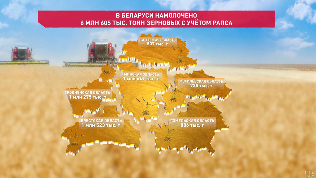 В Беларуси намолочено более 6,6 млн тонн зерна с учетом рапса-2