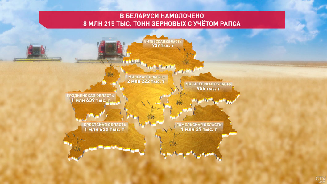В Беларуси намолочено более 8,2 млн тонн зерна с учетом рапса-2