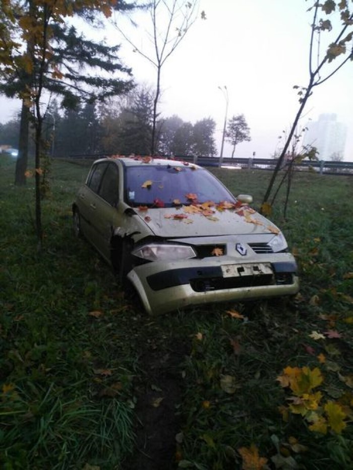 На МКАД Renault врезался в столб, ограждение, знак и дерево. Водитель не пострадал-4